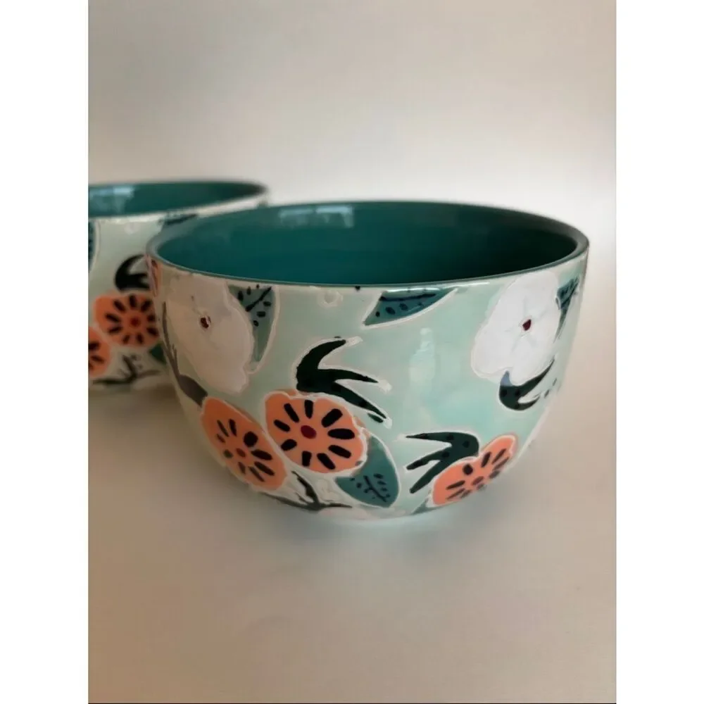 NWT Anthropologie Mathilde Turquoise Hand Painted Bowls Set Of 2